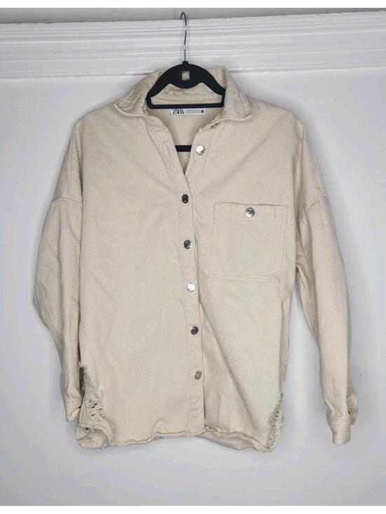 Zara Jackets & Blazers - zara ripped oversized button down jean Jacket distressed Size S beige